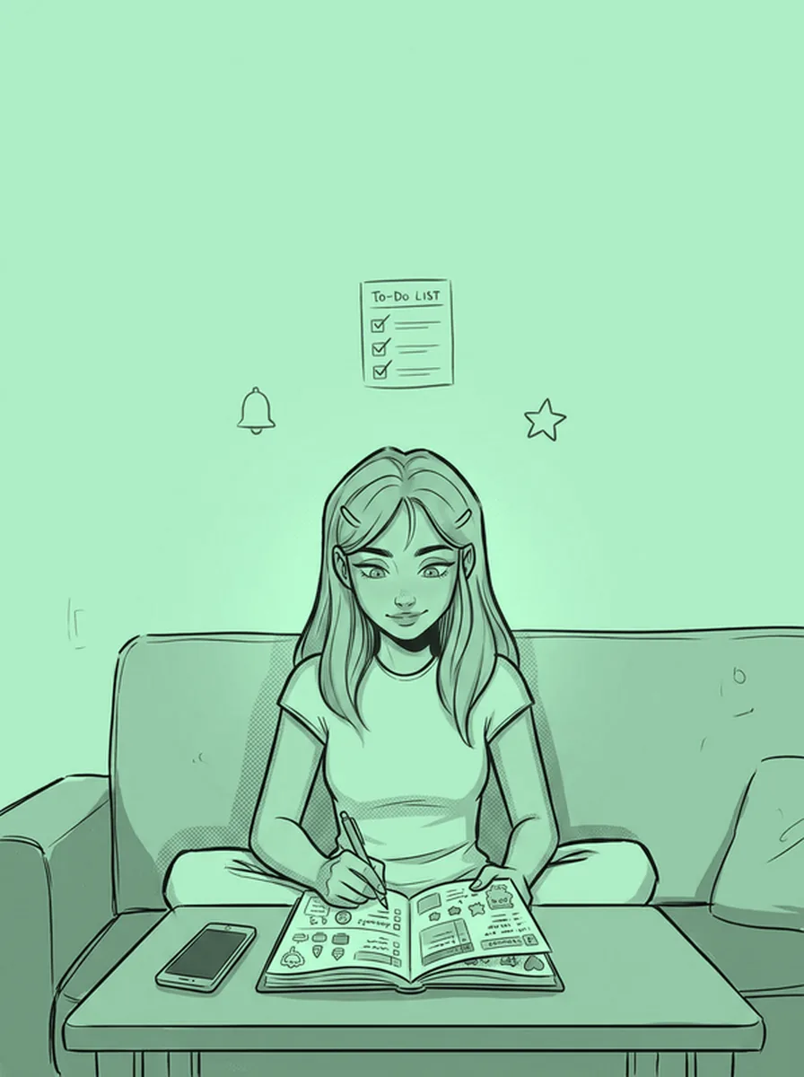 Illustration labelled OUTPUT: the same girl drawing in her sketchbook