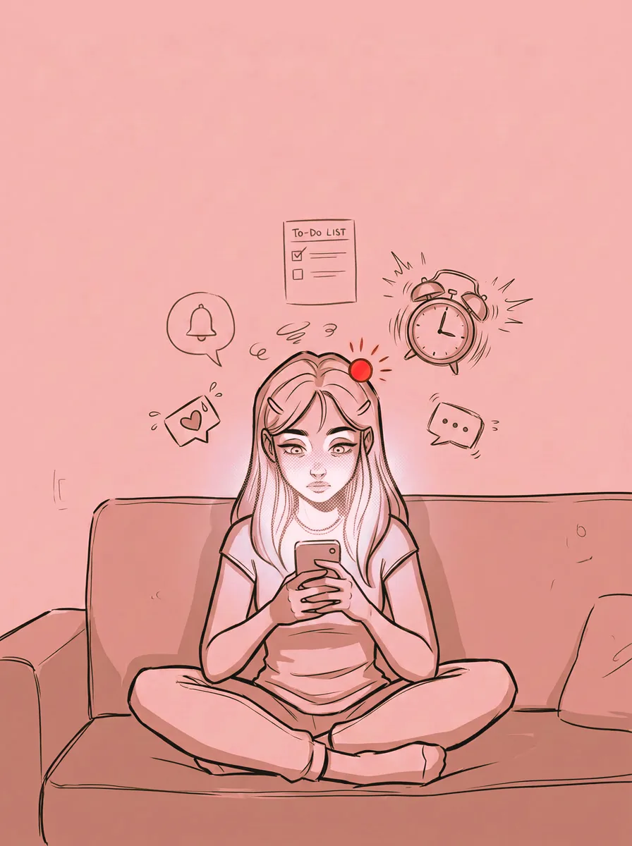 Illustration labelled Overconsumption: a girl on her phone, surrounded by notifications