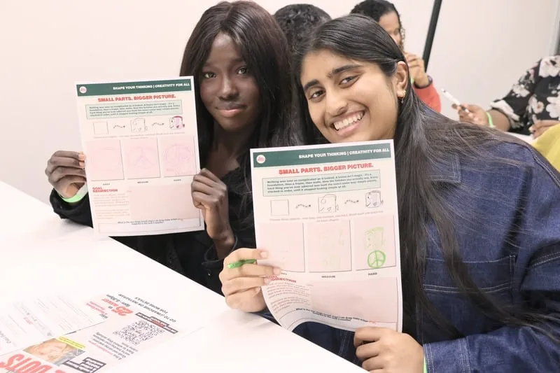 Two participants showing their Small Parts, Bigger Picture worksheets